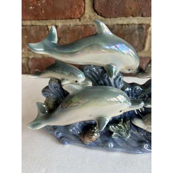 Vintage Dolphin Pod Family Blue Ceramic Iridescent Lusterware 6 Dolphin Family - Picture 2 of 7